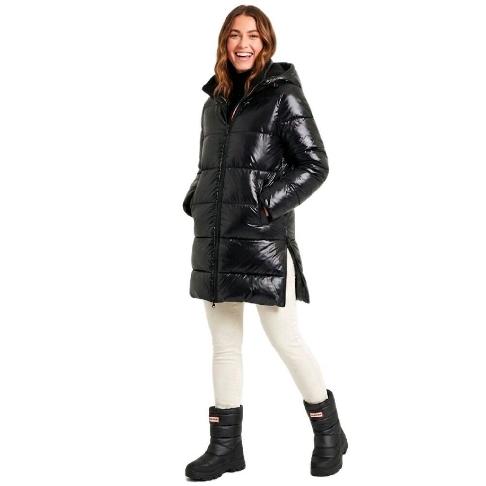Hunter Hooded Puffer Jacket Coat Softshell Mid Length Shiny Black Women's Size L